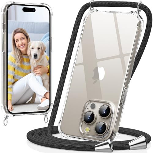 caslord Handyband kompatibel mit iPhone 15 Pro Max | Transparent Hülle mit Handykordel | Handyhülle für zum Umhängen | für Sport Reisen Partys Einkäufe Babypflege | Schwarz