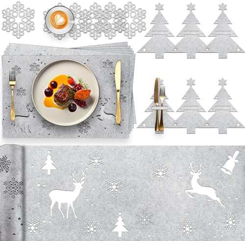 Kazaigou 19 Stück Tischdeko Weihnachten Platzset Weihnachten, Weihnachts Tischdeko Filz Tischläufer, Tischsets Weihnachts Tischläufer Platzdeckchen Untersetzer Tischset Filz für 6 Personen