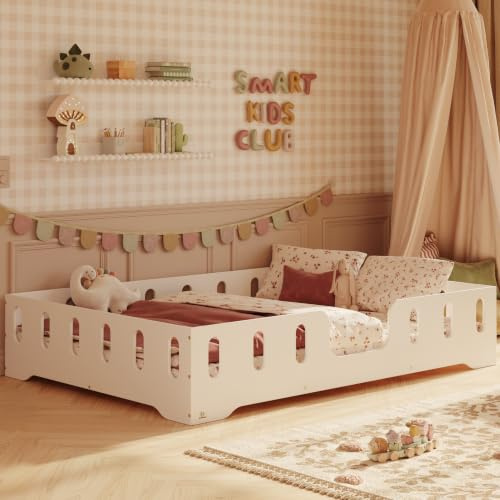 smartwood Bodenbett 120x200 cm mit Rausfallschutz, Holz, Weiß, TILA 2 | Montessori Kinderbett, Lattenrost belastbar bis 300 kg, FSC-Zertifikat, abgerundete Kanten, Einfache Montage, ab 3 Jahren