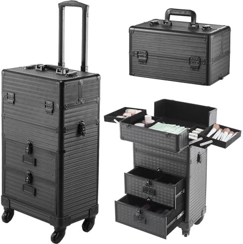 BTGGG 4 in1 Kosmetikkoffer Trolley mit Schublade Professionell Make Up Koffer Friseurkoffer mit Rollen Abschließbar Schminkkoffer Damen Nägel Koffer für Reise, Friseure, Visagisten Schwarz