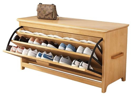 3-Tier Shoe Bench, Solid Wood Shoe Organizer with Storage Shelves and Drawers, Indoor Storage Chest, Bed End Stool for Entryway(Size:100CM,Color:C)