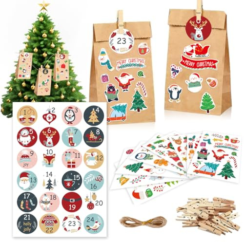 VOPIWOZ Papiertüten Adventskalender Zum Befüllen Gross, 24 Diy Adventskalender Tüten, Adventskalender Zahlen Aufkleber und Holzklammern, Perfekt für weihnachtskalender kinder 2024
