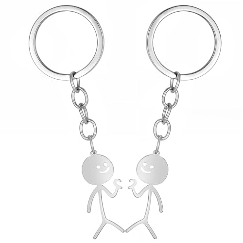 AOZUO 2 Pièces Porte Clef Couple,Porte Clef Coeur Personnalisable,Porte Clé Coeur Personnalisé Pour Couple De Cœurs Et Doigts Cadeau D'amitié Drôle En Acier Inoxydable Stickman Amitié À Distance