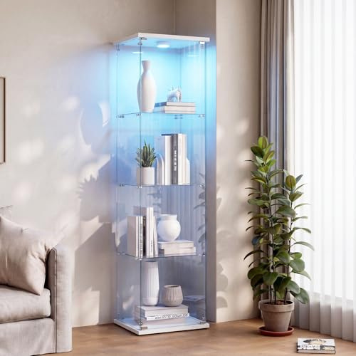 DADEA Glasmonter med 4 hyllor, displayskåp med LED och dörrar, 164 x 42 x 36 cm, modernt vardagsrum, skyltfönster, samlarobjekt och butik hem (vit, 1 dörr + ljus)