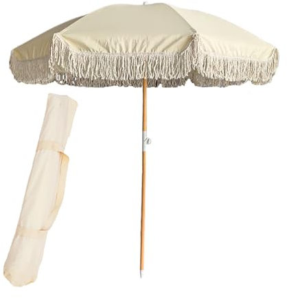 CNHRFGVD Parasol de jardin portable 200 cm avec franges, parasol d'extérieur avec protection UV pour piscine, balcon, parasol de plage avec sac portable, beige