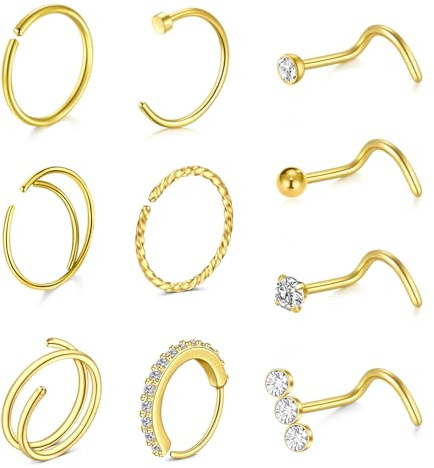 WillTen 10 st näsringar L-formade näsdubbar silver guld, 20 g näsringar ringar näsdubbar kirurgiskt rostfritt stål korkskruv nässtift näsborre näsa piercing smycken C-form näsringar för kvinnor
