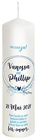 Liamoria® Hochzeitskerze Vintage in Blau mit Namen, Datum und Spruch - Modell Vanessa - Personalisierte Hochzeitsdekoration (25 x 8 cm)