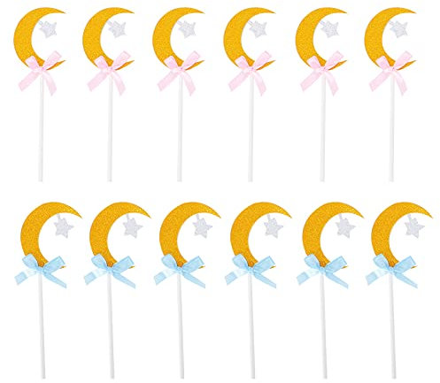 DriKou 12pcs Cupcake Toppers, Star Moon Shape Blue Tea Party Decoration for Birthday Party Baby Shower Gender Reveal Wedding Eid Mubarak Party Decorations