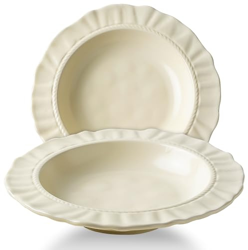 COIKZLY Ceramic Soup Bowls 8.6 in, Pasta Bowls & Plates, Cream color Floral-Embossed Wide Rim Shallow Bowls Set of 2, Italian Carving Design, Matte Finish Porcelain, Microwave & Dishwasher Safe