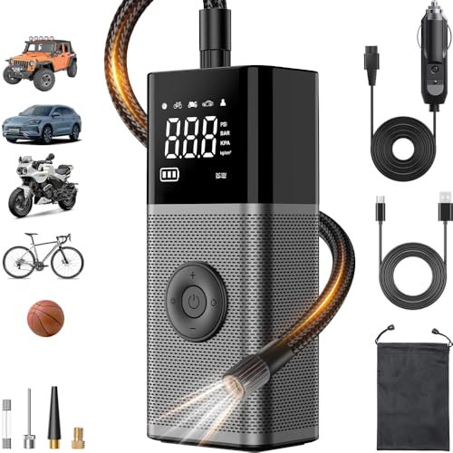 Tire Inflator Portable Air Compressor - 5X Faster 180PSI Cordless Air Pump for Car Tires with Digital Gauge & Auto Shutoff, Emergency LED Light Wireless Pump for Cars, Motorcycles, Bikes, Ball