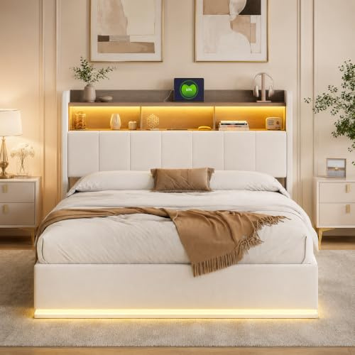 Cama tapizada de Matrimonio de 160x200 cm,Cama con Espacio de Almacenamiento hidráulico con LED,Camas Acolchadas con somieres,Cama Doble con Espacio de Almacenamiento,Cama Funcional con Espacio de