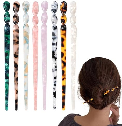 8 horquillas japonesas para el pelo retro con estampado de leopardo, palillos largos de acetato para mujeres y niñas, estilo vintage