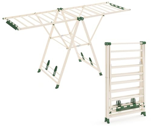 RELAX4LIFE Stendibiancheria Pieghevole in Metallo con Ali Regolabili in Altezza, Stendino a 2 Livelli per Asciugatura, con Mollette per Calzini e Portascarpe, Max 40KG (Beige, 184x56x99-168cm)