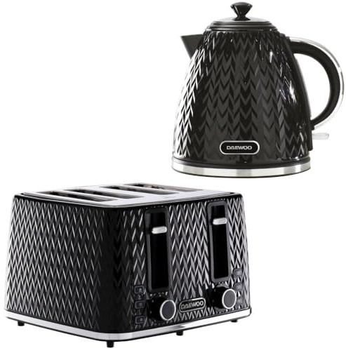 Daewoo Argyle Jug Kettle & 4 Slice Toaster Set, 1.7L 3KW Rapid Boil Stylish Textured Design, Removable Filter, Reheat & Defrost Functions, Perfect for Modern Kitchens, Black