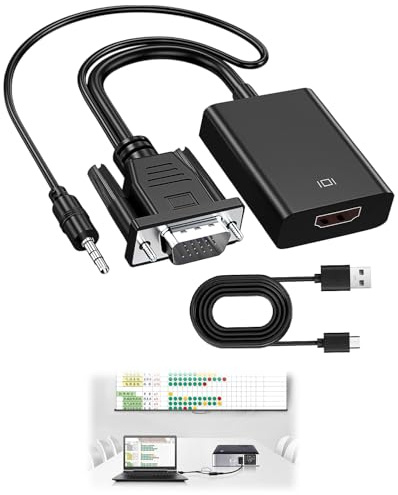 VGA to HDMI Adapter with Audio 1080P VGA Source to HDMI Display Converter with Power Cord Male to Female Connector Male to Female Connector for TV HDTV Projector Monitor Laptop Computer Desktop, Black