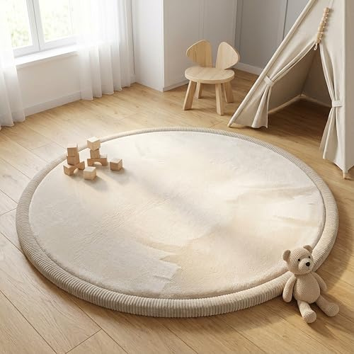 FRIEDO Krabbelmatte Baby I ÖKOTEX Zertifiziert I Ø150cm beige I Extra dick und weiche Spielmatte, Spielteppich I Rutschfester, wasserabweisender Teppich für Wohn und Kinderzimmer I Tatami Matte
