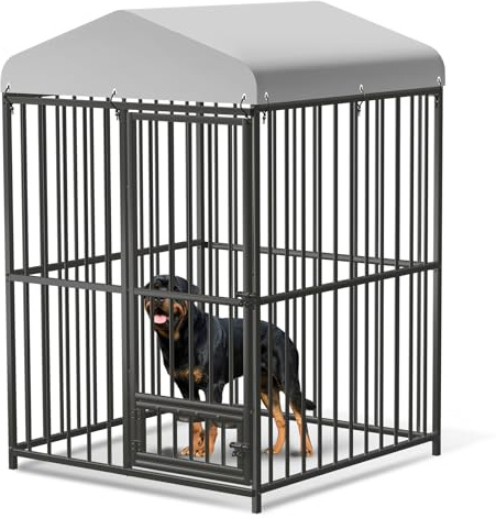 Outdoor Dog Kennel, Puppy Play Pen with All Weather Roof and Door, Metal Garden Pet Playpen Fence, Pet Enclosure Run House with Rotating Bowl Holders 120 x 120 x 180cm for Backyard, Farm, Camping