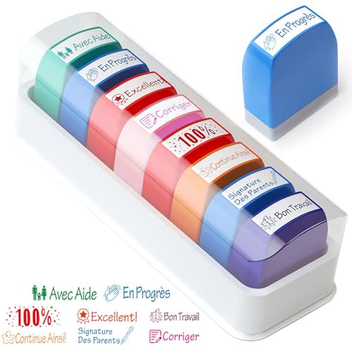 Lot de 8 Tampon Encreur Enseignant Français, Tampons Enseignants Français, Tampon Encreur pour Enfant avec Boîte, Tampon Maitresse décole pour Cadeau Professeur et Encourager Élèves, Multicolore