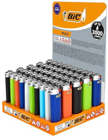 BIC J26 Maxi Lighter - Alloy Steel & Resin Build Lighters, Up to 3000 Lights Assorted Colour & Long Lasting Gas Lighter, Compact & Small Pocket Lighters for Smoking, Camping & BBQ | Pack of 10