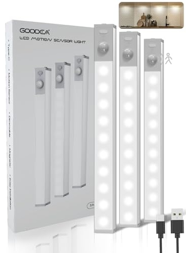 GOODEA 18cm Slim Bright Schrankbeleuchtung mit Ladestation - 3 Stück 10 Leds Dimmbar Schranklicht mit Bewegungsmelder Licht für Kleiderschrank Bücherregal Treppe Flur RV, 8000K