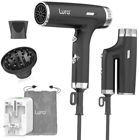 LURA Auto Dual Voltage Hair Dryer for International Travel,Travel HairDryers with Difffuser,Small Portable Blow Dryer for Women Lightweight,Compact Mini Blowdryers with Folding Hand for Kids(Black)