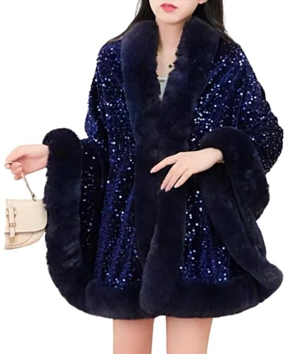 Generisch Top da donna con paillette, in pelliccia sintetica, poncho, fodera in pile, spesso, mantello invernale, caldo, elegante, cardigan con brillantini, per carnevale, costume da donna, per