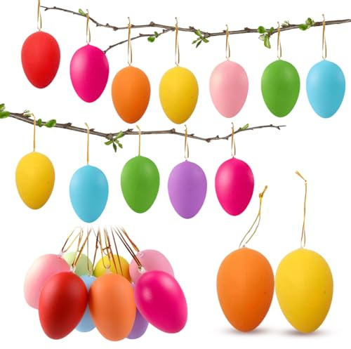 Ostereier zum Aufhängen, 24 Stück Ostereier Plastik, Ostereie-r zum Hängen Bunt, Kunststoff Osterei Ornament mit Schnur, Osterdeko Hängedeko für Osterjagd Osterbaumschmuck Zuhause Garten Party Deko