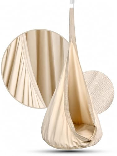 KOJANA Hängesessel mit Kissen & Innentasche – Weicher textiler Rückzugsort aus 100% Baumwolle- Indoor & Outdoor - 70x150 cm (Beige)