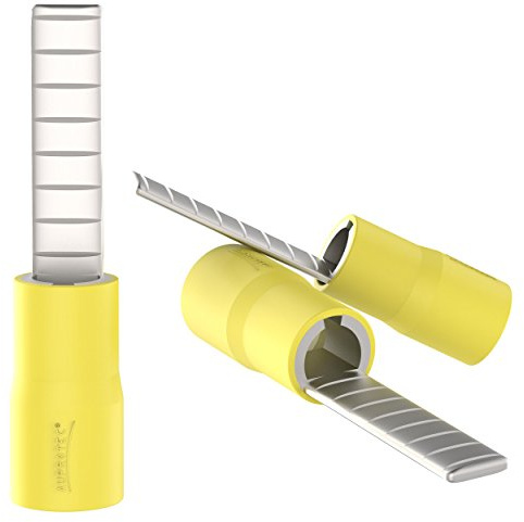 AUPROTEC 10x Flachstiftstecker 4 mm² - 6 mm² gelb Stiftabmessung 2,8 x 10 mm teilisolierte PVC Flachstiftkabelschuhe flache Bauform DBV Kabel-Verbinder aus Kupfer verzinnt