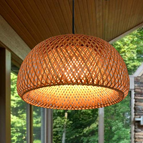 Pendelleuchte Landhausstil Kronleuchter Retro Hängeleuchte Rattan Handgewebt Runde Bambus Lampenschirm Wohnzimmer Schlafzimmer Höhenverstellbar Deckenleuchte Esszimmer Küche Hängend Deckelampe,38cm