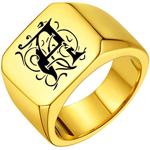 PROSTEEL Herren Band Ring 18k vergoldet personalisiert Buchstabe Siegelring hochglanzpoliert schlicht Partnerringe für Frauen Männer Geburtstag Jahrestag, Größe 54