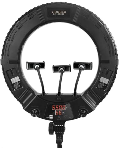 Yidoblo LX-480D 18 Zoll Digitalanzeige 3200K-5500K LED-Ringlicht mit 3 Blitzschuhanschlüssen mit Fernbedienung, Stativständer,Telefonhalter,Tragetasche für YouTube TikTok Makeup Ringlicht