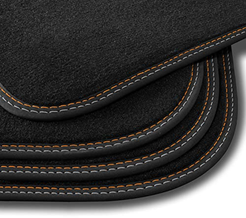 Bär-AfC Auto Fußmatten Premium passend für Toyota Avensis T27 2009-2011, Autoteppiche Velours Schwarz, Nubuk Band Schwarz, Doppelnaht Orange + Silber, Set 4-teilig, TY03831