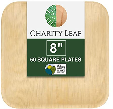 Charity Leaf - Platos desechables de hoja de palma como juego de platos cuadrados de bambú| bodas, tablas de embutidos, barbacoas y fiestas | Platos cuadrados (50, 8 cuadrados)