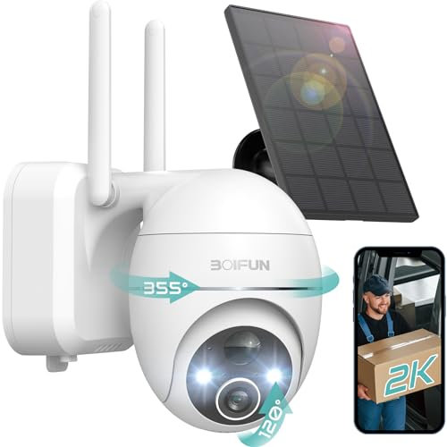 BOIFUN 2K Solar Wireless Security Outdoor Camera, 360° CCTV Battery Camera System with Wi-Fi, Smart Motion Detection & Alert, Color Night Vision, 2-Way Audio, IP65 Waterproof, Custom Security Zone