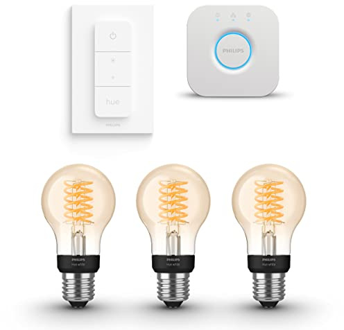 Philips Hue Kit de démarrage - E27 - avec 3 Ampoules standard à filament (A60) - Lumière blanche chaude - Comprend 1 Hue Bridge, 1 Variateur de lumiere Hue - Hue White Filament