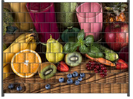 Wallario Zaun Sichtschutz Windschutz für EIN- und Doppelstabmattenzäune in der Größe Breite 2,50m x Höhe 1,80m, Motiv: Bunte Smoothies mit Obst in der Küche