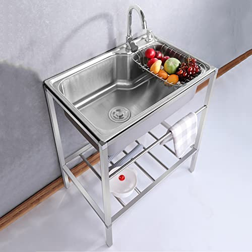 Freistehende Küchenspüle,304 Edelstahl Einzelne Schale Becken,Verpflegung Kommerziell Spüle mit Heiß-/Kaltwasserhahn,Outdoor Indoor Utility Spüle für Garage,Restaurant,Camping,Waschküche,Werkstatt