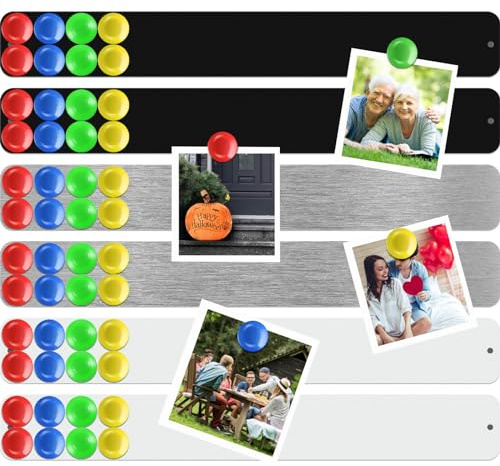 Outus 6 Pieces Frameless Magnetic Stainless Iron Board Strip 15 x 2 Inch Bulletin Bar Board Memo Strip Set with 48 Pieces Colorful Magnet for Kitchen Office(Silver, Black, White)