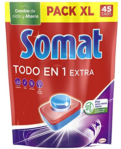 Somat Todo en 1 Extra Pastillas (1 x 45 tabs), detergente lavavajillas anti-olor para vajilla, pastillas lavavajillas para ciclos eco y cortos, eliminan la suciedad incrustada