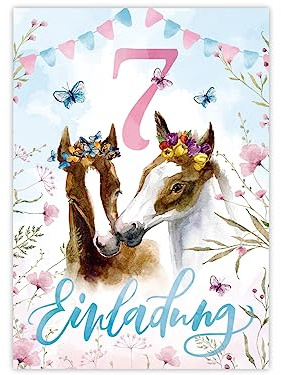 Minkocards 12 Einladungskarten zum 7. Kindergeburtstag Mädchen Pferde Einladung siebte Geburtstag Kinder bunte Geburtstagseinladungen