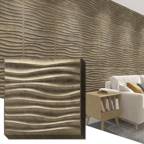 Art3d PVC Wave Panels for Interior Wall Decor, Antique Gold Textured 3D Wall Tiles, 19.7 x 19.7 (12-Pack), A10040AG