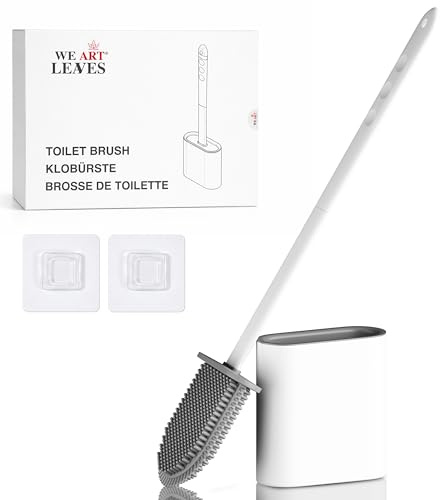 WE ART LEAVES Brosse Toilettes WC Silicone avec Support - Brosse WC Silicone Plate, sous Le Rebord - Brosse WC Murale sans Perçage - Rinçable, sans Gouttes - Porte Brosse WC Suspendu, Lot de 1, Blanc