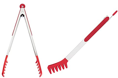Large 14 Red Stainless Steel Pasta Tong with Silicone Tips, 14 inch Spaghetti Tongs Pasta Server Utensil for Noodles Cooking Baking Food BBQ Kitchen Tools