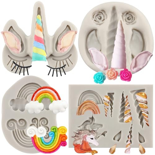 MYPRACS 4 Stück Einhorn Silikonform Einhorn Horn Ohren Rose Blume Regenbogen Fondantform für Kuchendekoration Cupcake Topper Schokolade Süßigkeiten Polymerton Gummipaste