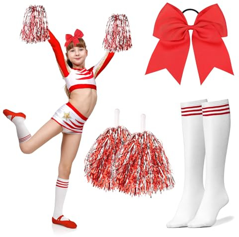 DPKOW Accessori per Costumi da Cheerleader per Ragazze Donna Carnevale Vestito Accessori PON PON Cheerleader, 1 Paio di Pompon da Cheerleader + Un Fiocco per Capelli Rosso + 1 Paio di Calzini a Righe