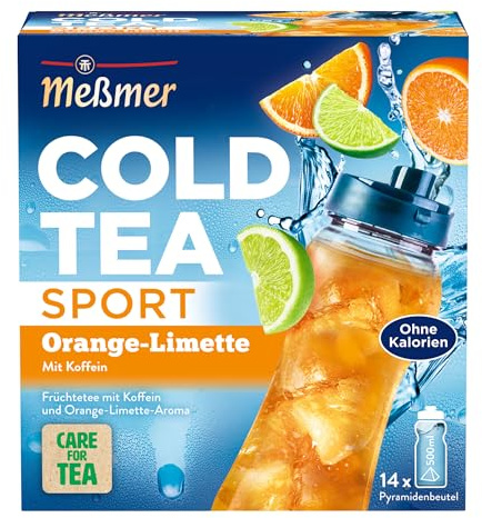 Meßmer Cold Tea Sport Orange-Limette – Kaltaufguss mit 14 Pyramidenbeuteln | Erfrischend kalter Früchtetee mit Koffein & Orange-Limetten-Aroma, ohne Zuckerzusatz, ideal für Sport – 1 Beutel für 500 ml