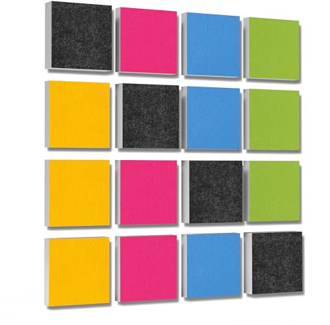 platino24 Akustikpaneele 16 Elemente 3D-Set Colore Quadrat 27,5 x 27,5 cm Multicolore I Schallabsorber aus Basotect G+ mit Akustikfilz I Schalldämmung Wand & Decke I Akustikelemente Wandpaneel