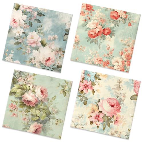Vintage Floral Napkins-40Pcs Flower Paper Napkins for Tea Party Birthday Baby Shower Wedding Retro Spring Decorations One Napkin with 4Patterns