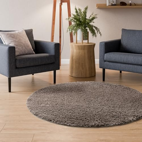 Interiyou Hochflor Teppich Sofia - 120x120 cm Rund Taupe - flauschig und einfarbig - waschbar und rutschfest - weicher Langflor